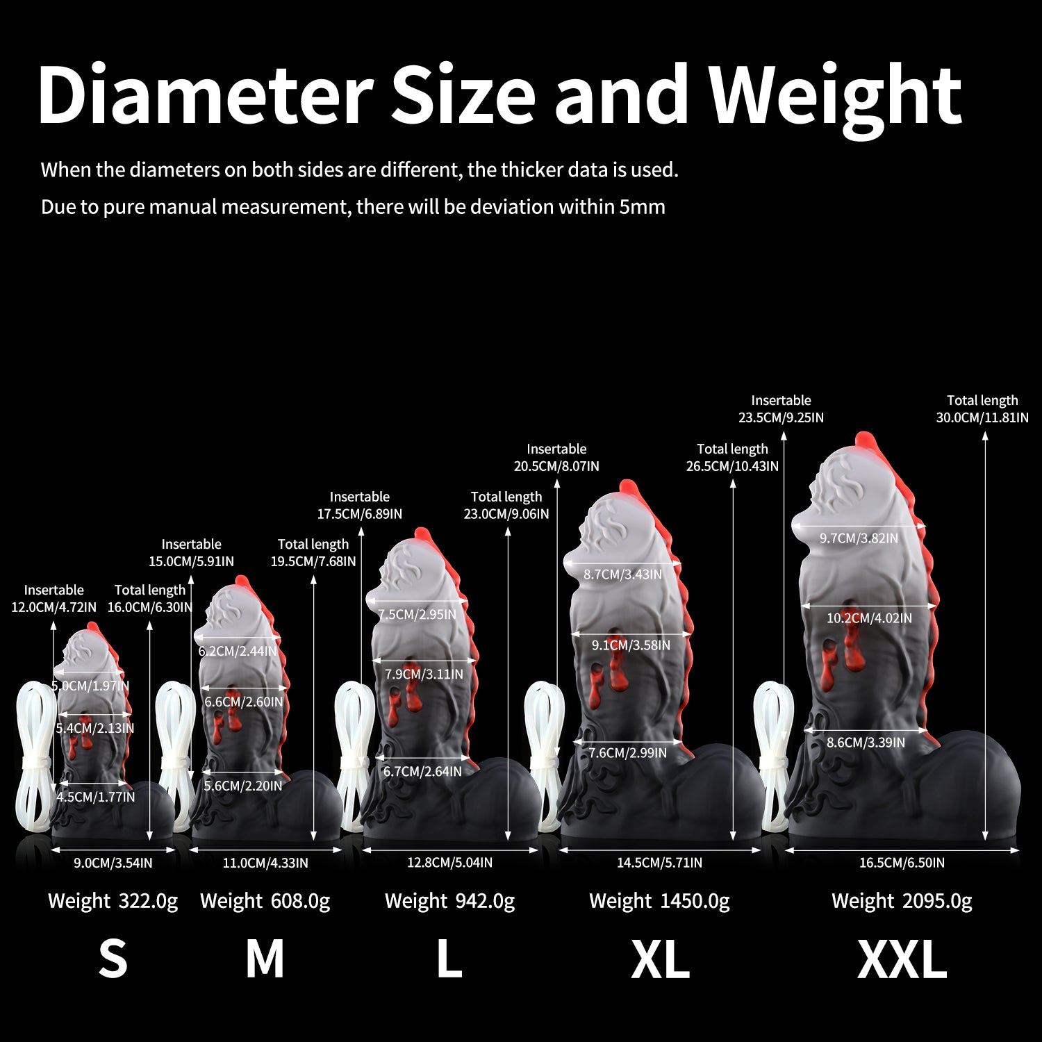 Nothosaur ISSUS plus tube fantasy vampire ejaculating dildo with elegant gothic textures and a built-in tube - diameter size chart