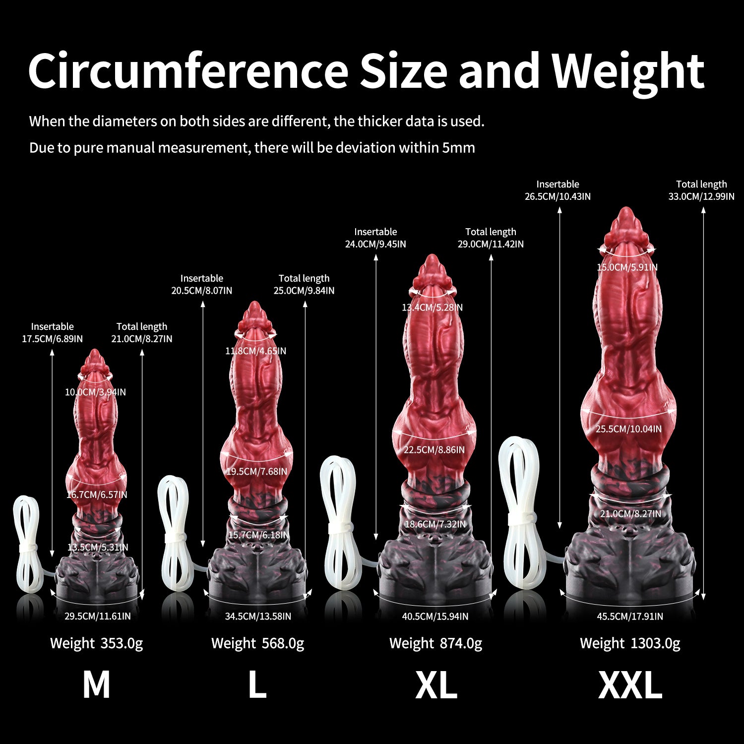 Nothosaur LYKOS plus tube fantasy knot ejaculating dildo with a textured werewolf profile and built-in tube - circumference size chart