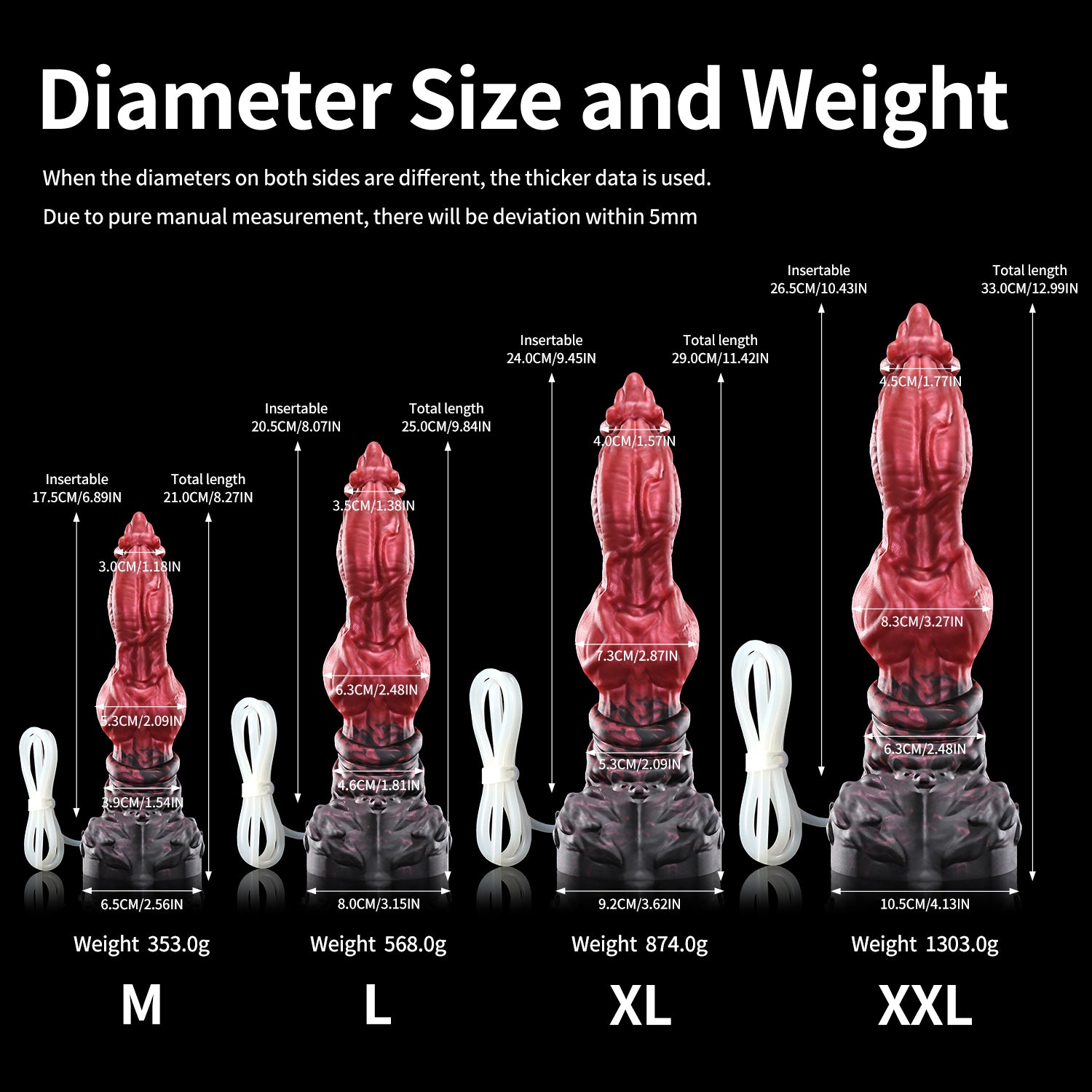 Nothosaur LYKOS plus tube fantasy knot ejaculating dildo with a textured werewolf profile and built-in tube - diameter size chart