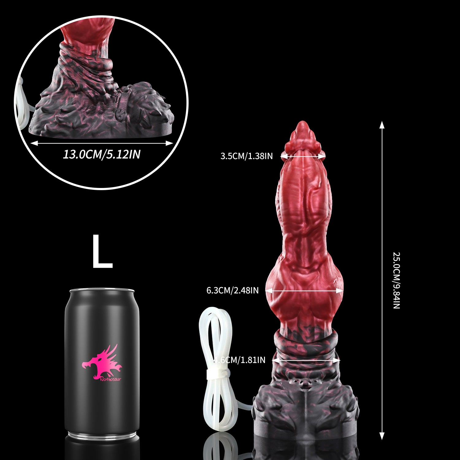 Nothosaur LYKOS plus tube fantasy knot ejaculating dildo with a textured werewolf profile and built-in tube - size reference 09