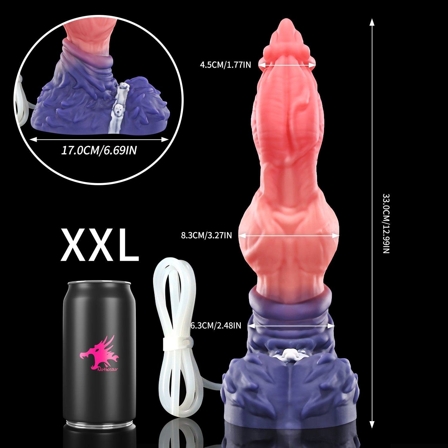 Nothosaur LYKOS plus tube fantasy knot ejaculating dildo with a textured werewolf profile and built-in tube - size reference 22