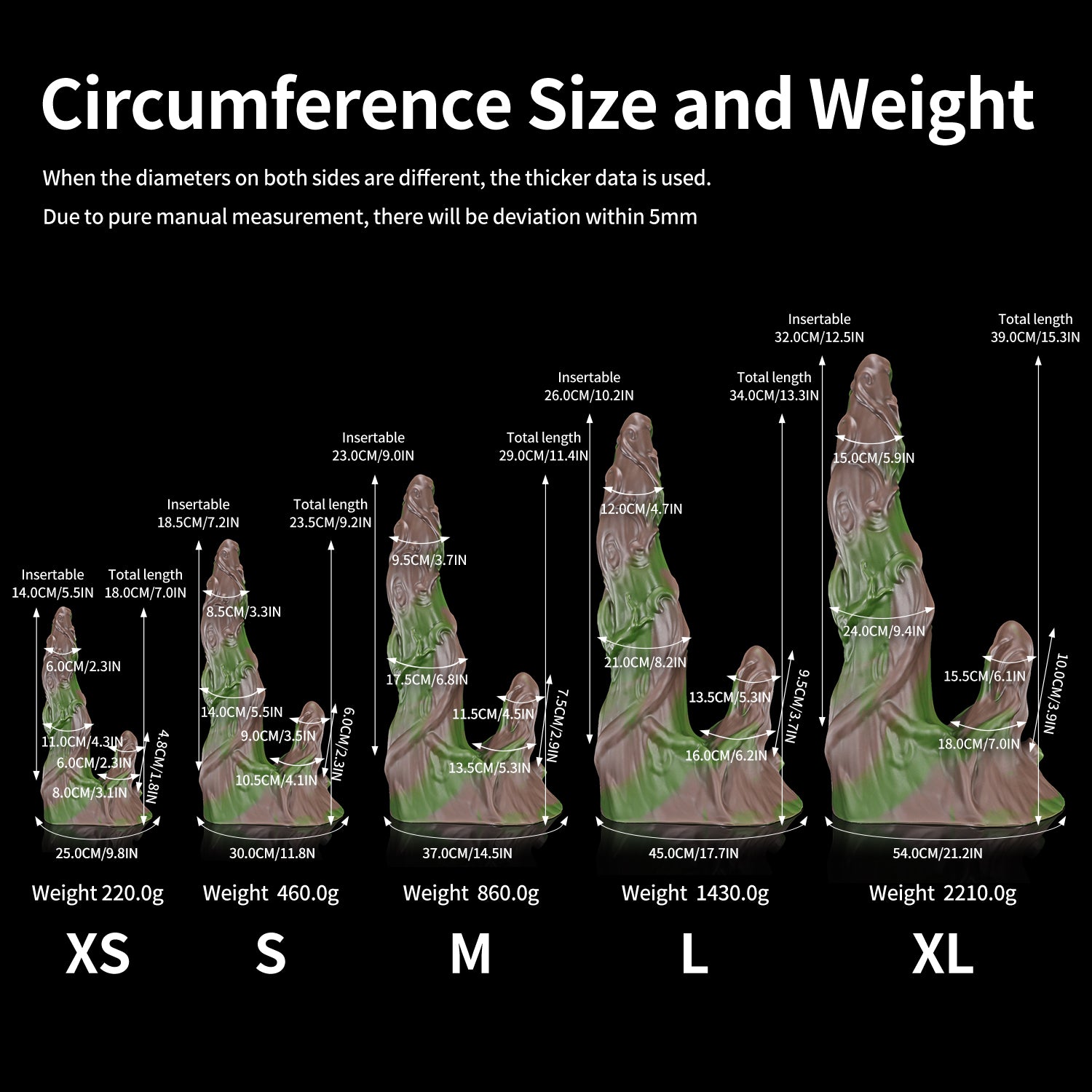 Nothosaur LYSAN fantasy double ended dildo with organic vine and branch textures - circumference size chart