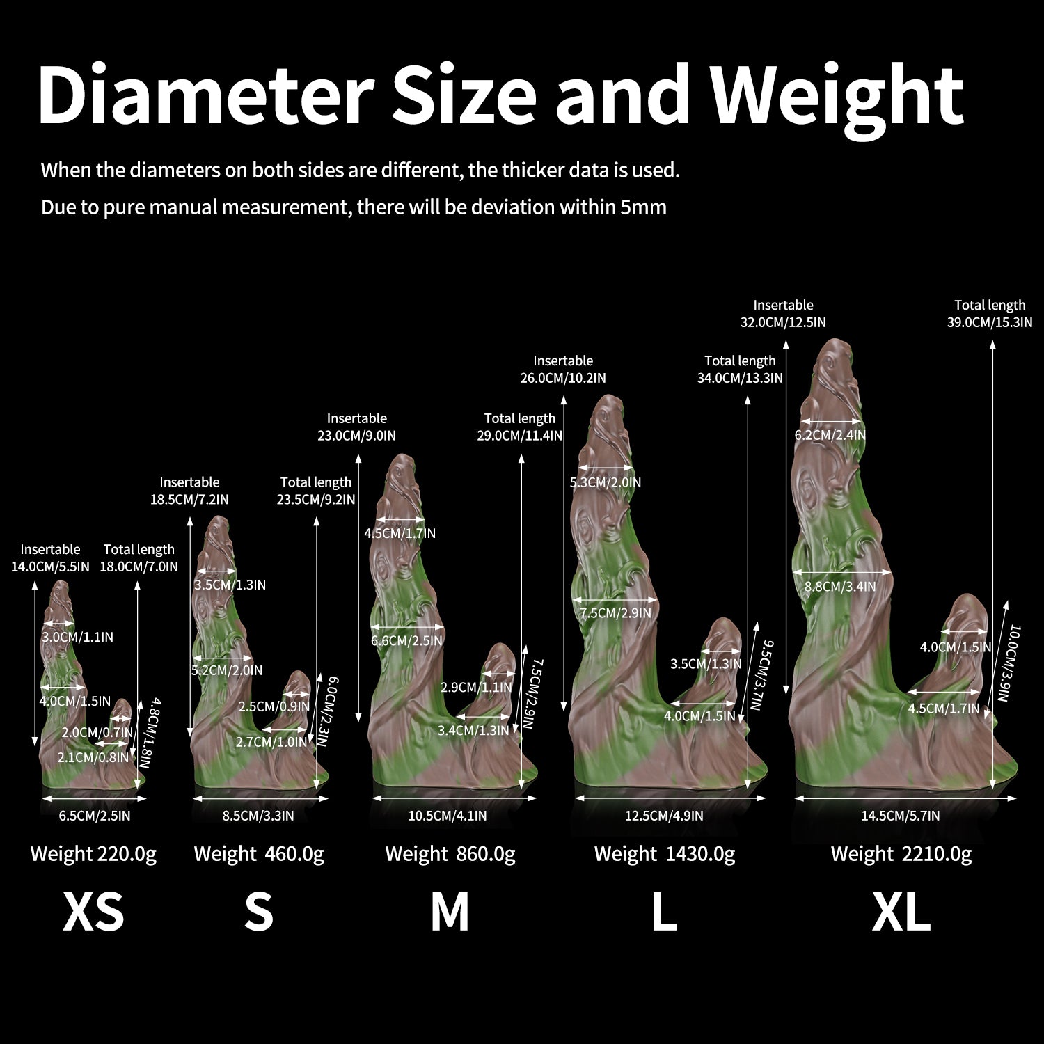 Nothosaur LYSAN fantasy double ended dildo with organic vine and branch textures - diameter size chart