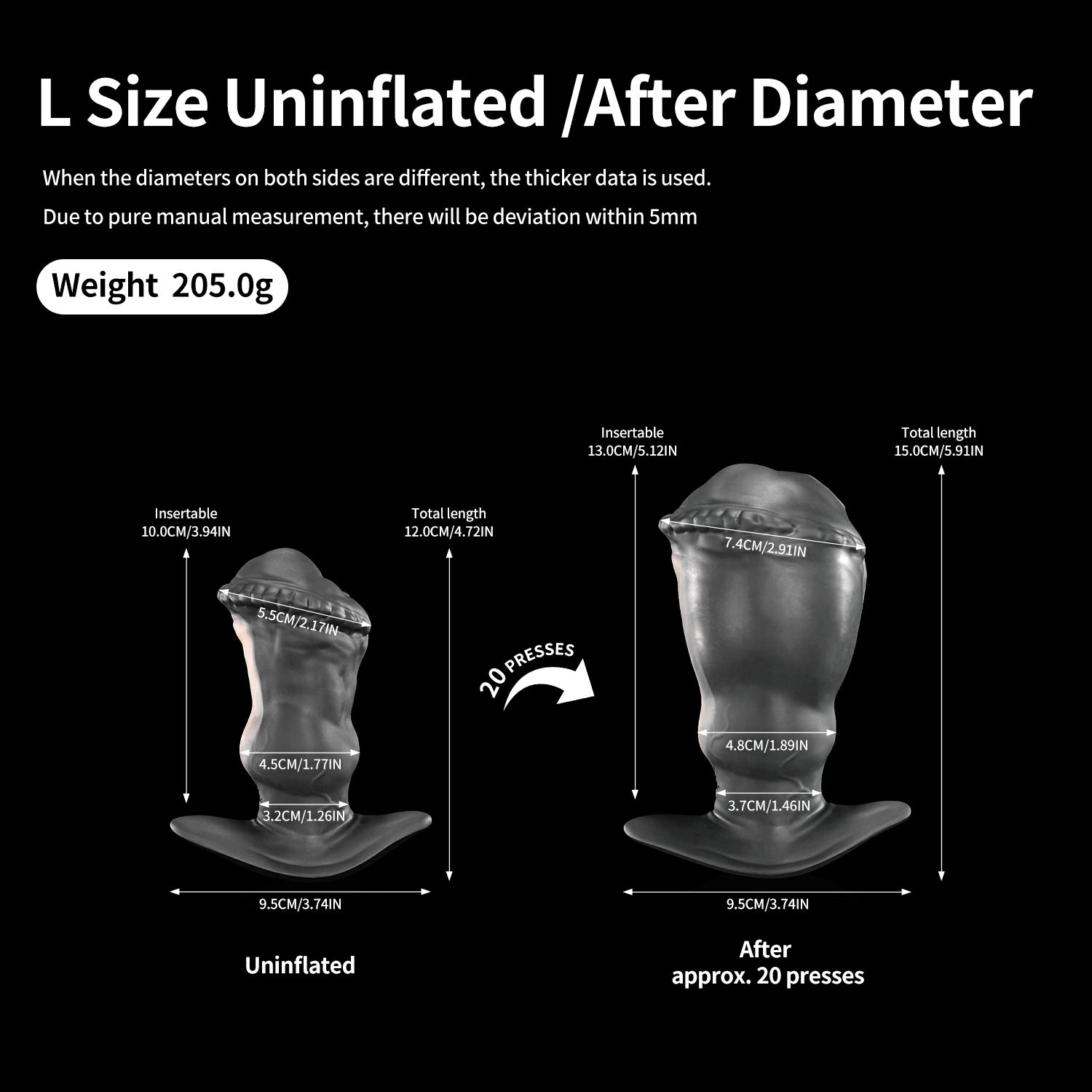 Nothosaur MagLock Air IPONY PUMPY fantasy inflatable horse butt plug with a knot and hand pump - diameter size chart
