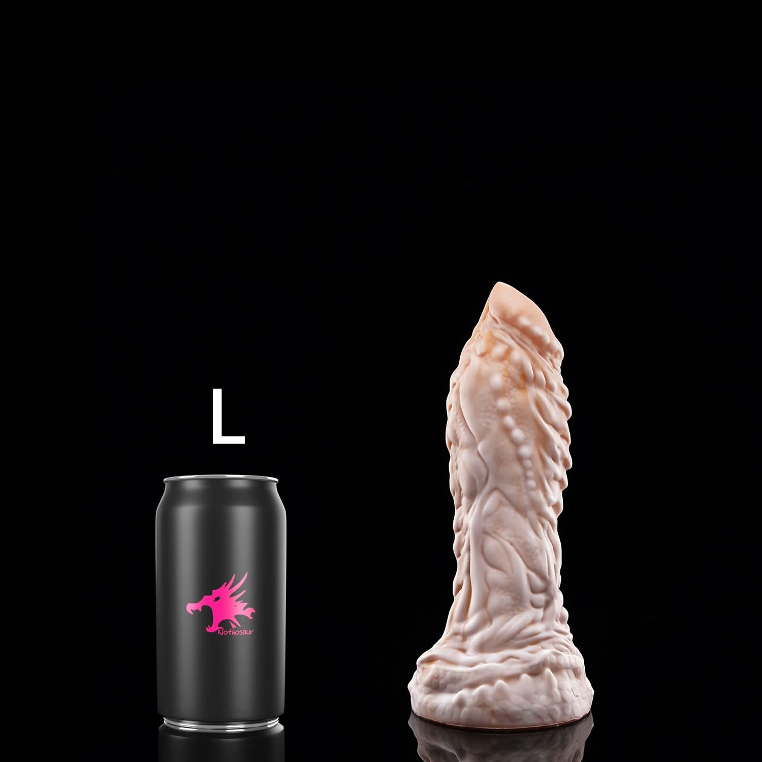 OPALEYE custom dragon fantasy dildo with a curved scale-textured shaft and sculpted base - L size comparison