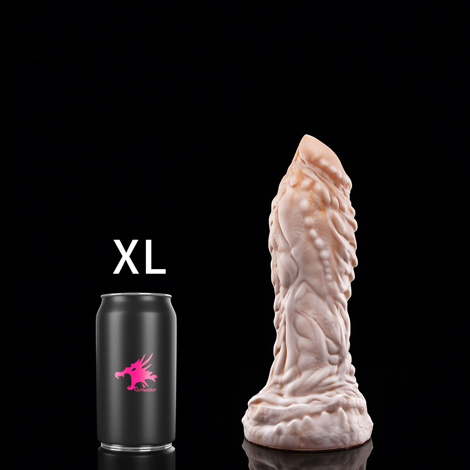 OPALEYE custom dragon fantasy dildo with a curved scale-textured shaft and sculpted base - XL size comparison