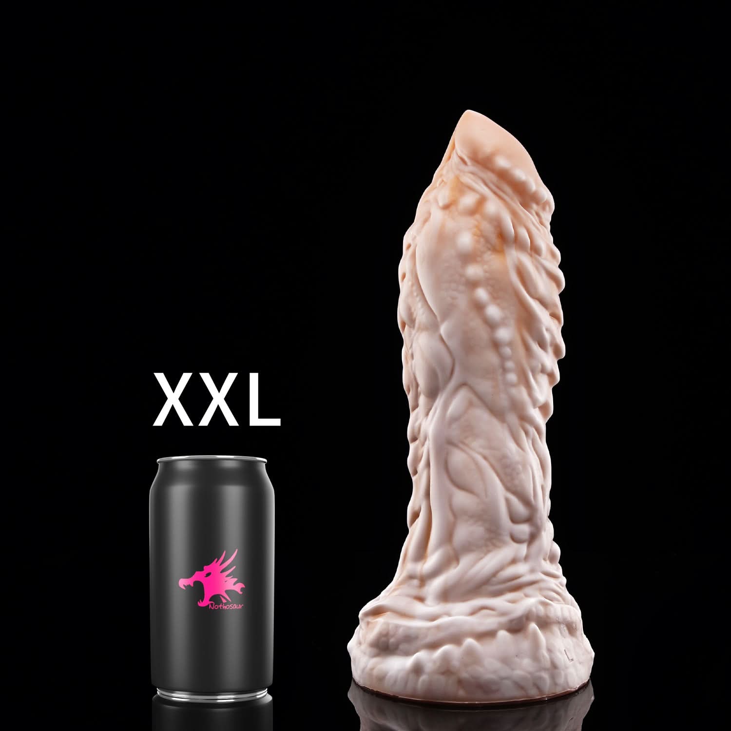 OPALEYE custom dragon fantasy dildo with a curved scale-textured shaft and sculpted base - XXL size comparison