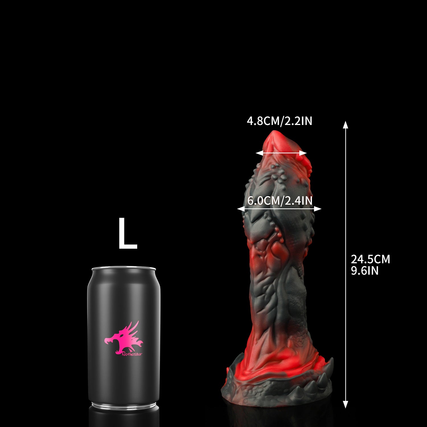 OPALEYE II custom dragon fantasy dildo with layered scale texture and a sculpted base - L size comparison