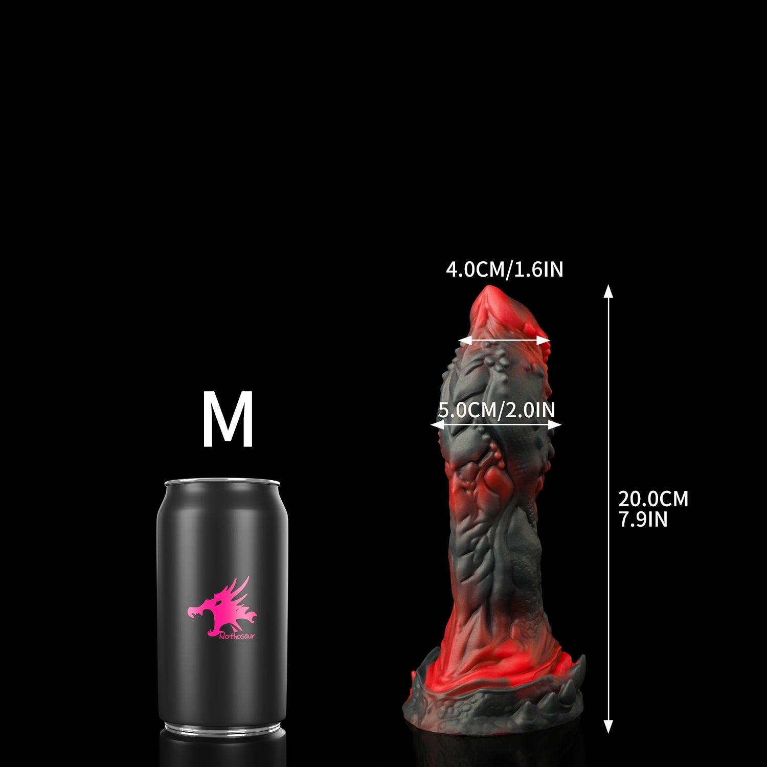 OPALEYE II custom dragon fantasy dildo with layered scale texture and a sculpted base - M size comparison