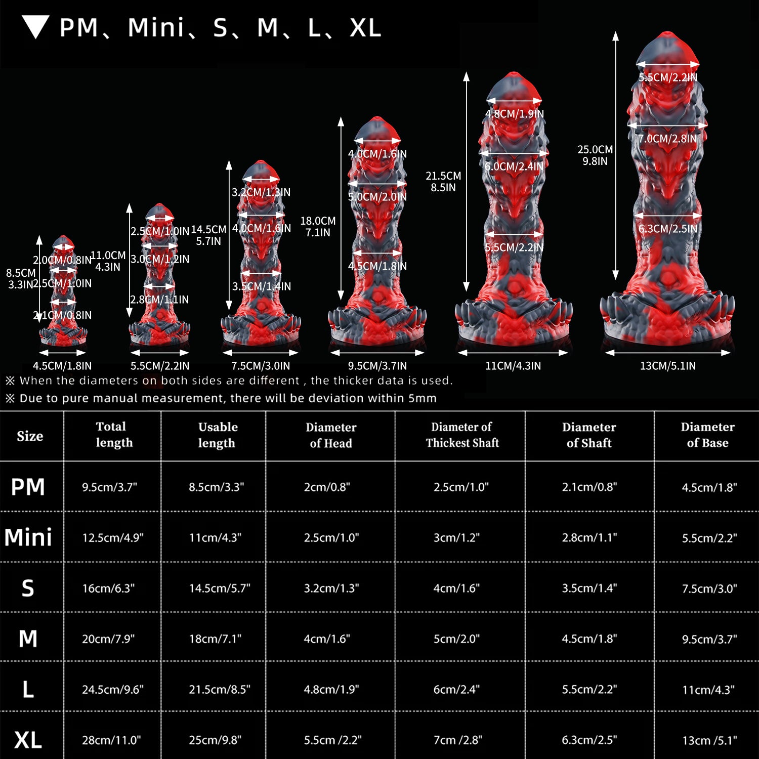 OPALEYE II custom dragon fantasy dildo with layered scale texture and a sculpted base - size guide