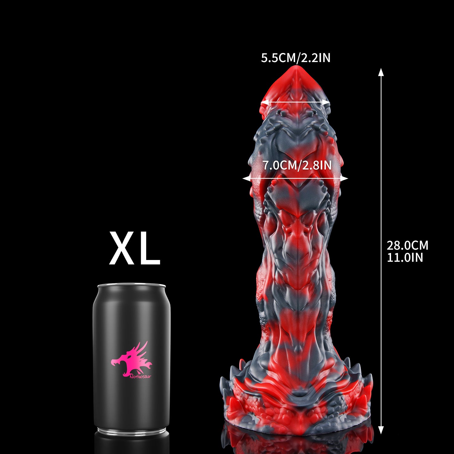 OPALEYE II custom dragon fantasy dildo with layered scale texture and a sculpted base - XL size comparison
