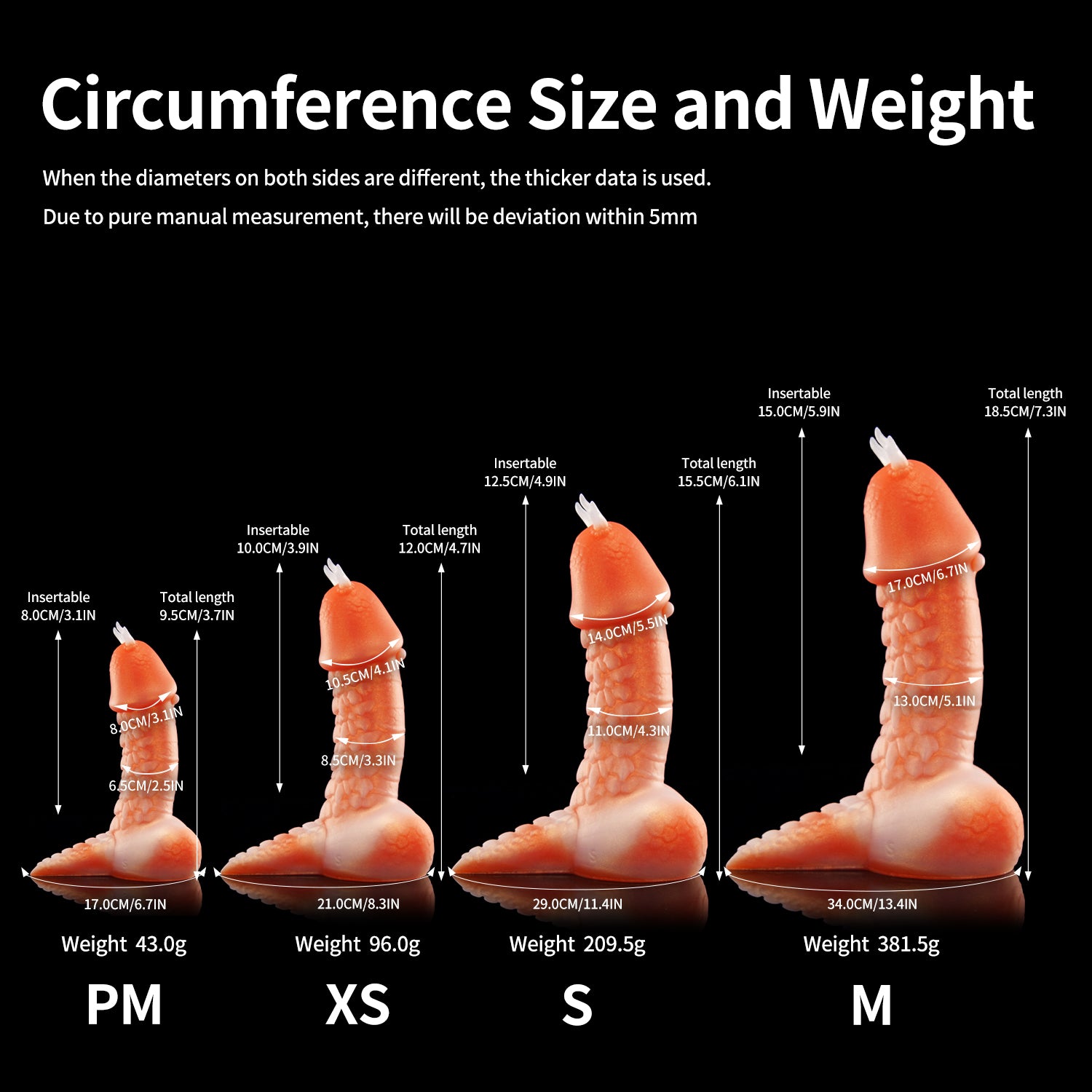 TWILIGHT custom dragon fantasy dildo with a curved textured shaft and flared suction cup base - circumference size guide