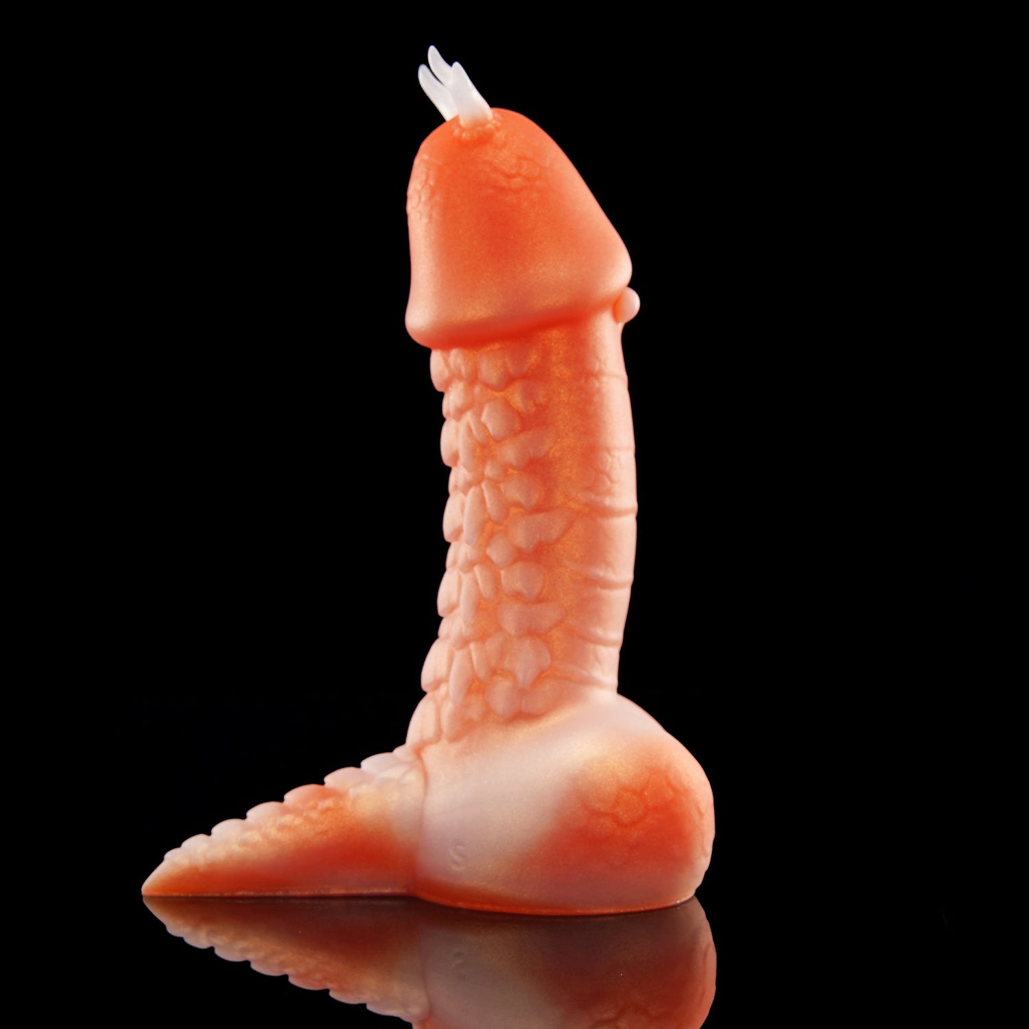 TWILIGHT custom dragon fantasy dildo with a curved textured shaft and flared suction cup base - upright side profile