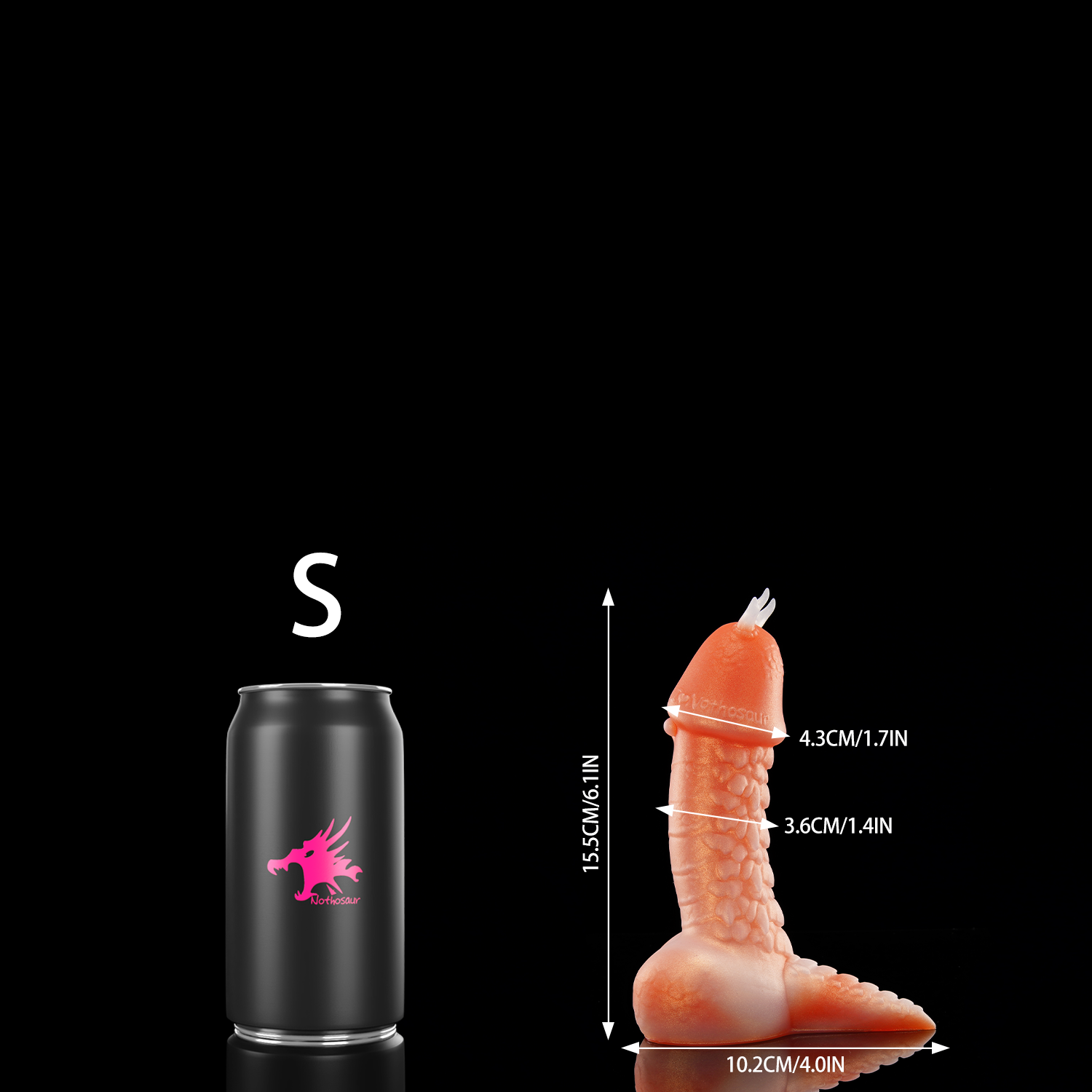 TWILIGHT custom dragon fantasy dildo with a curved textured shaft and flared suction cup base - S size comparison