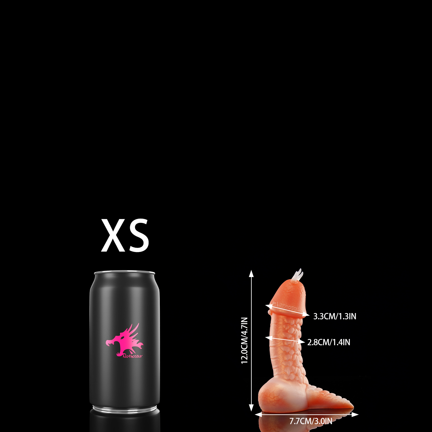 TWILIGHT custom dragon fantasy dildo with a curved textured shaft and flared suction cup base - XS size comparison