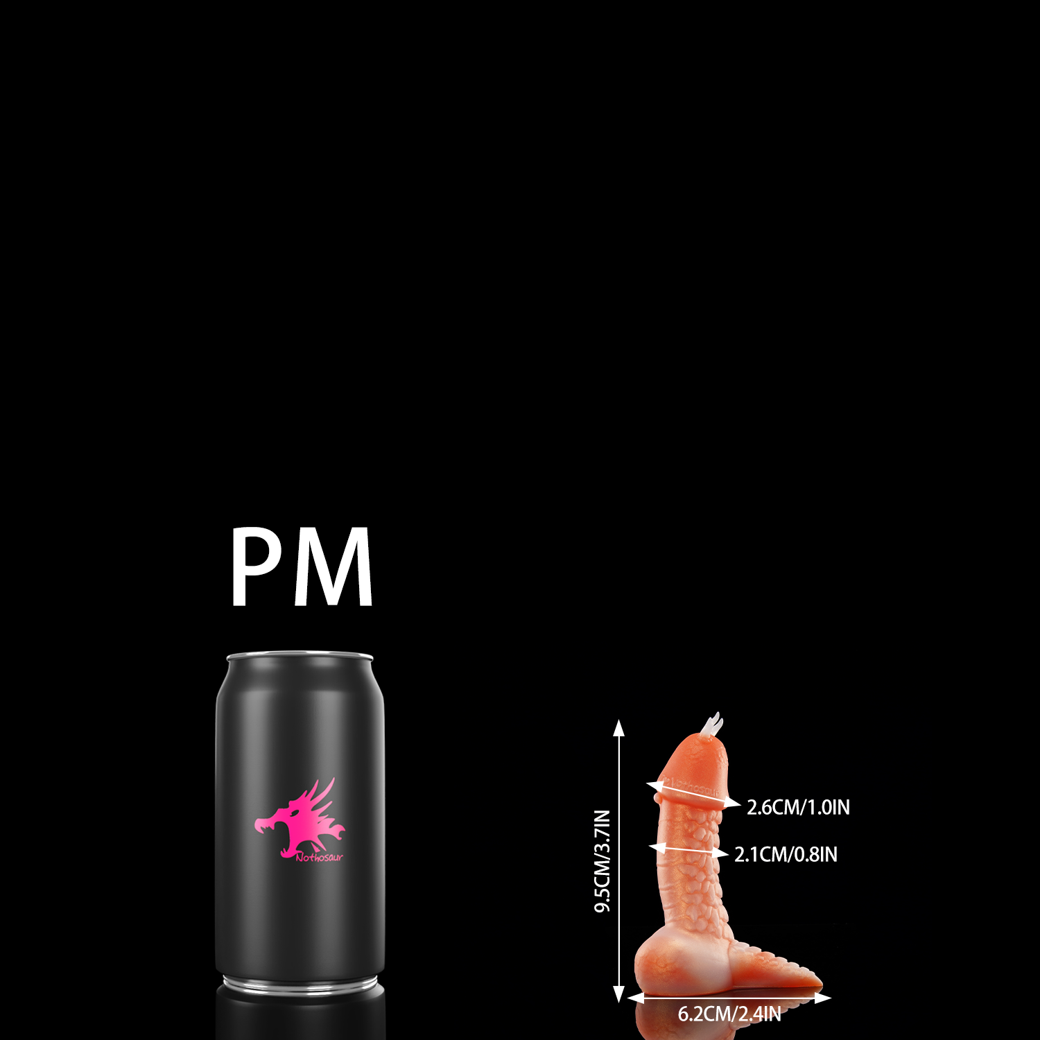 TWILIGHT custom dragon fantasy dildo with a curved textured shaft and flared suction cup base - PM size comparison