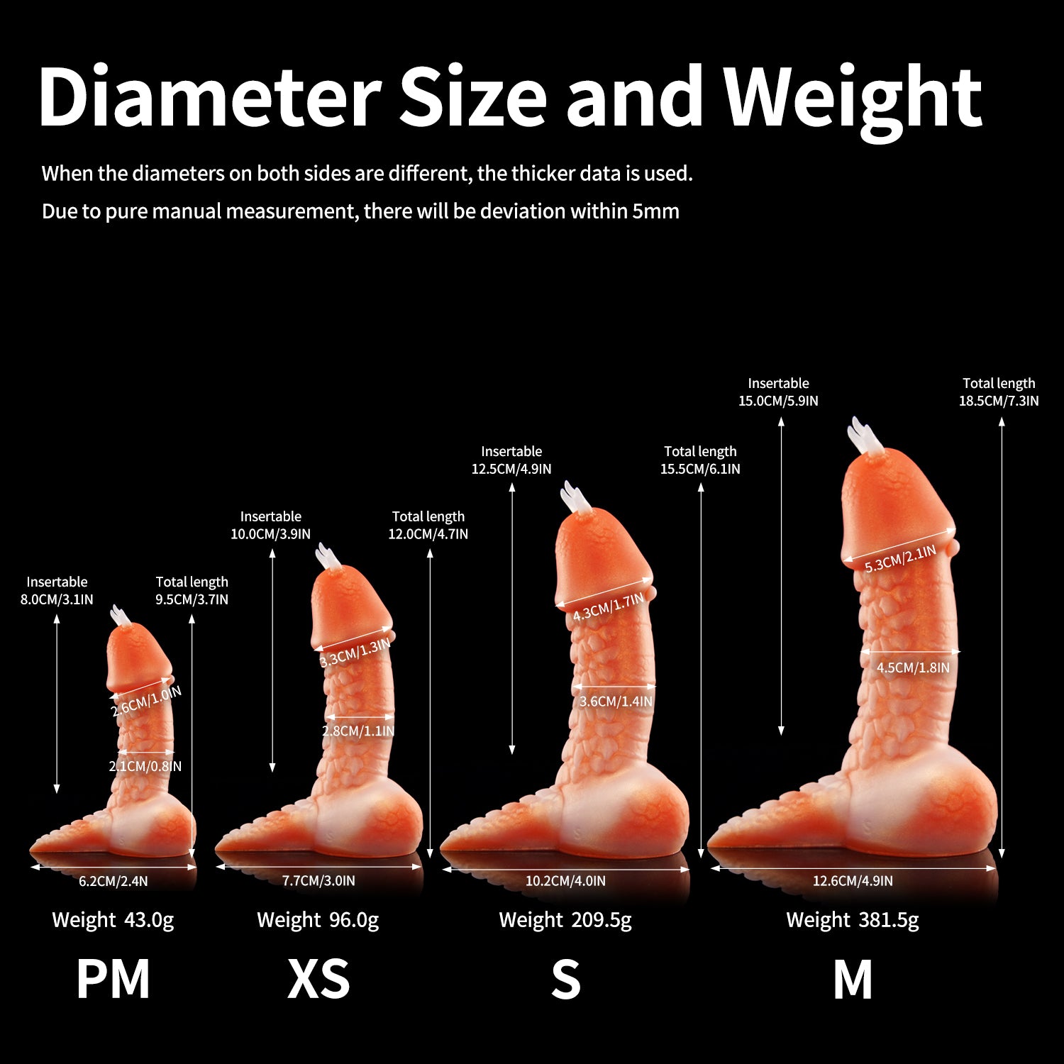 TWILIGHT custom dragon fantasy dildo with a curved textured shaft and flared suction cup base - diameter size guide