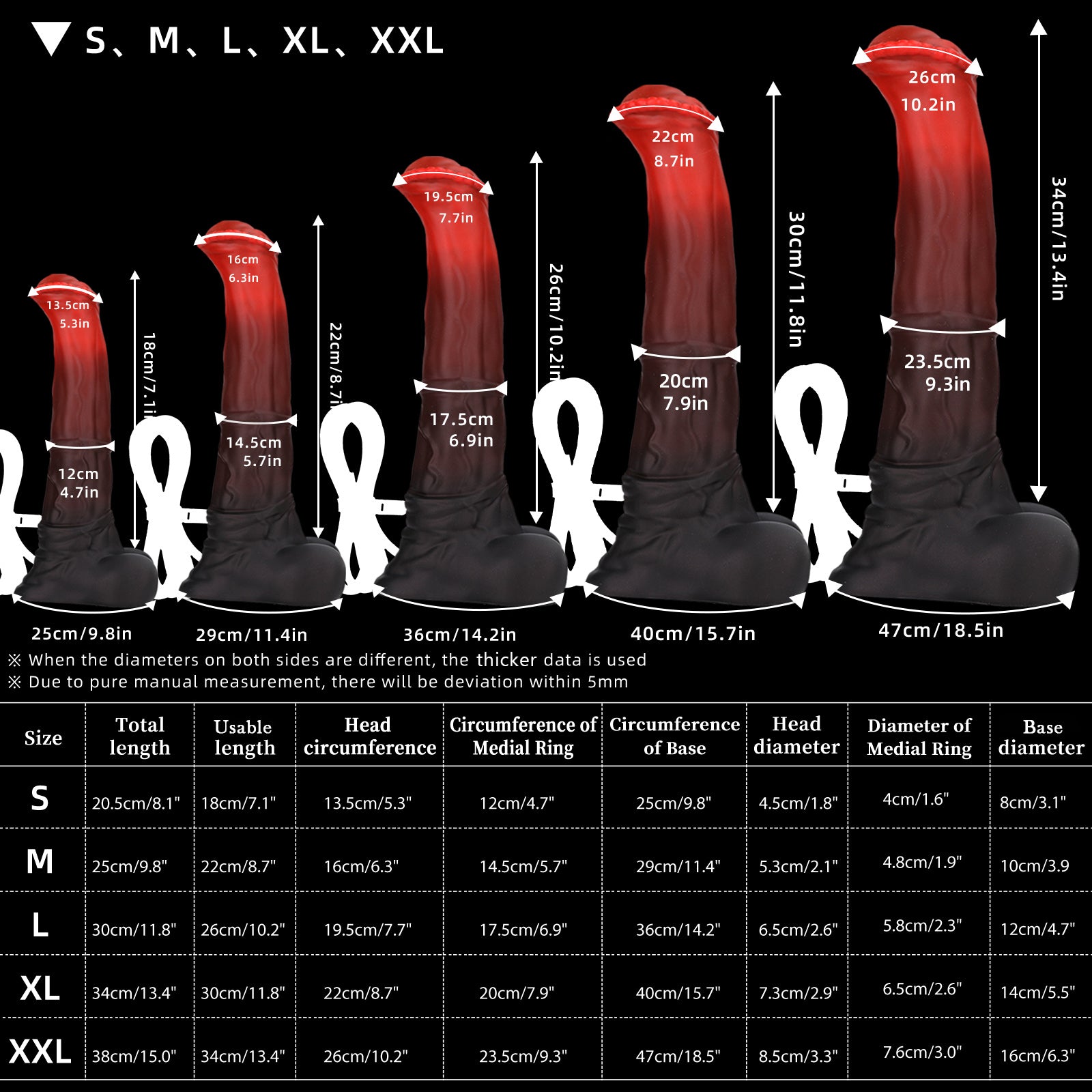 Nothosaur-CONOLA-Fantasy-Horse-Dildo-Thick-Animal-Dildo-With-Cum-Tube-Classic Red Black-size-chart