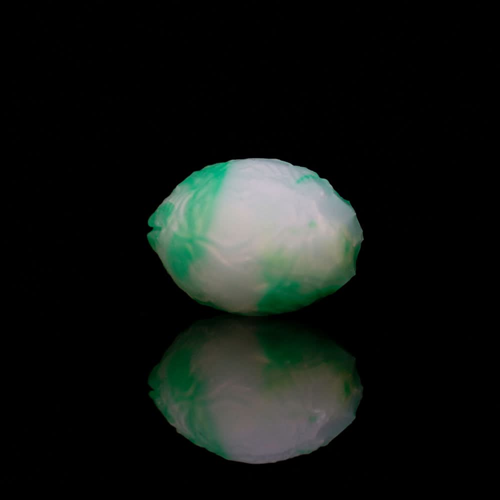 Translucent green oviposition egg with wrinkled veiny texture on black background.