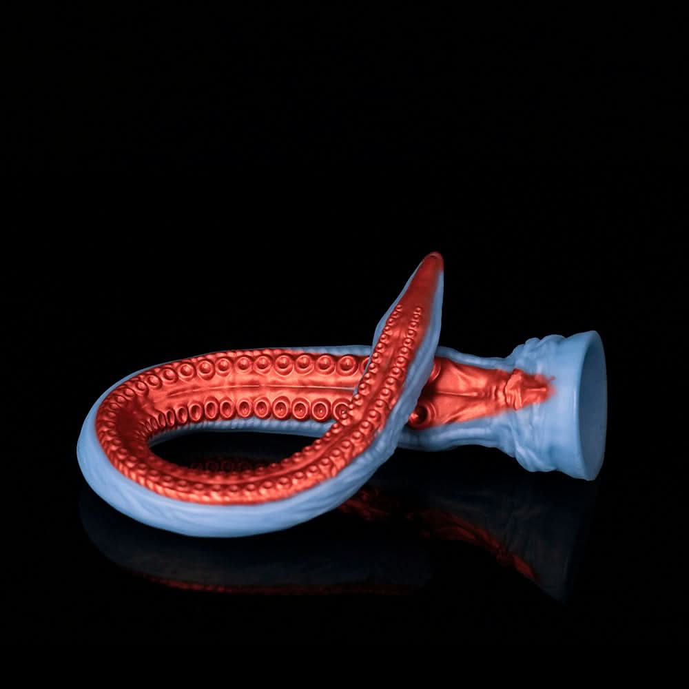ABYSS II long tentacle dildo with a curved suction-cup texture and flared base - red custom color curved view