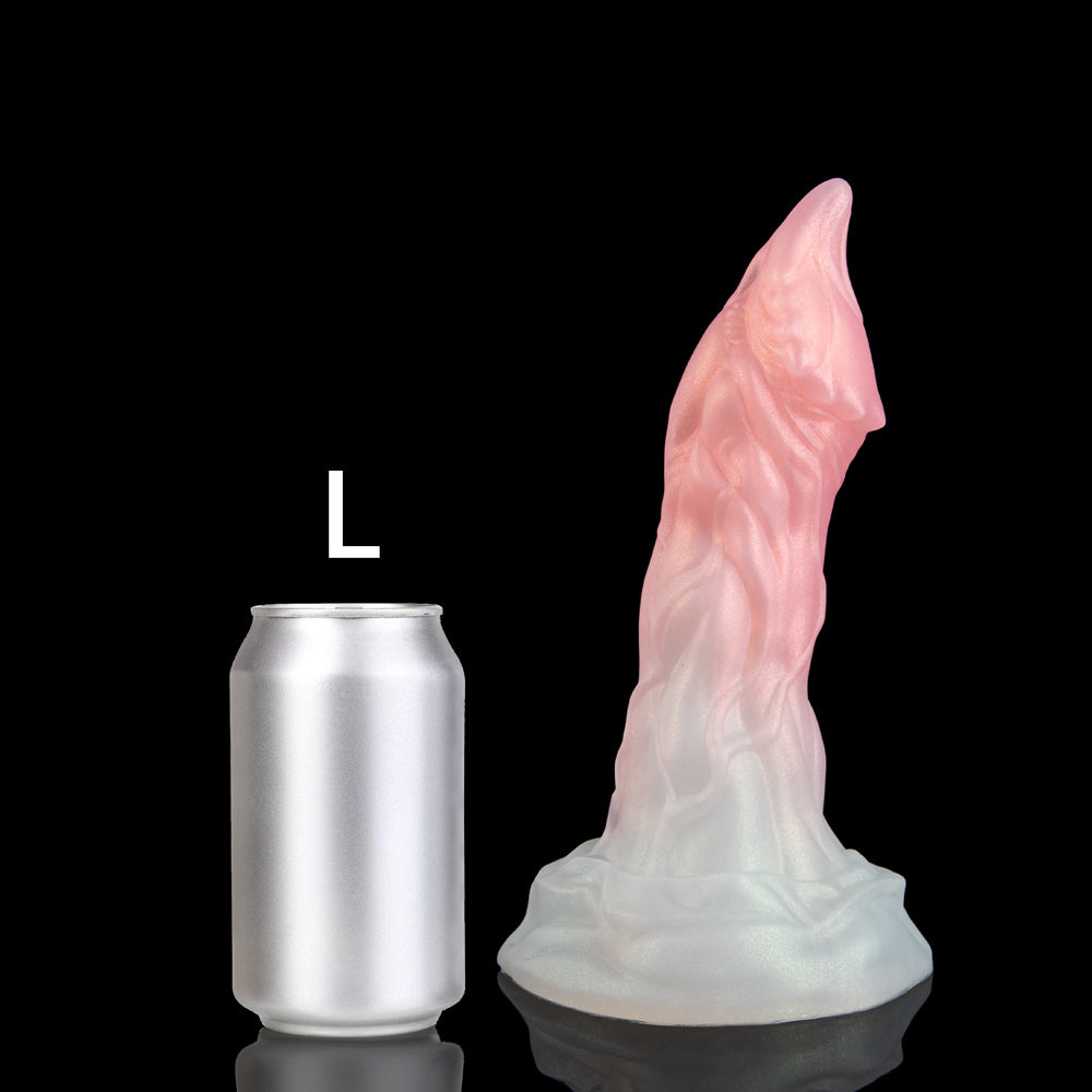 BYRNE custom dragon fantasy dildo with a sculpted ridged shaft and wide flared base - L size comparison