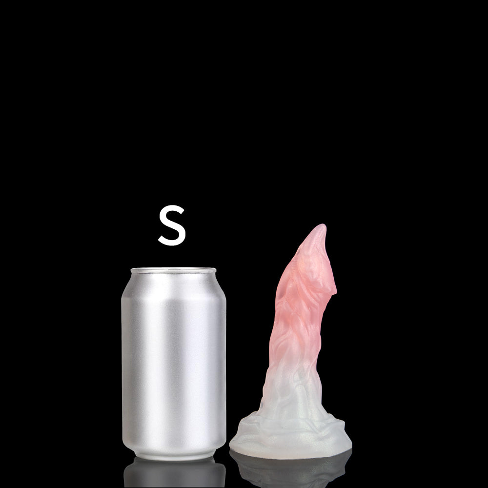 BYRNE custom dragon fantasy dildo with a sculpted ridged shaft and wide flared base - S size comparison