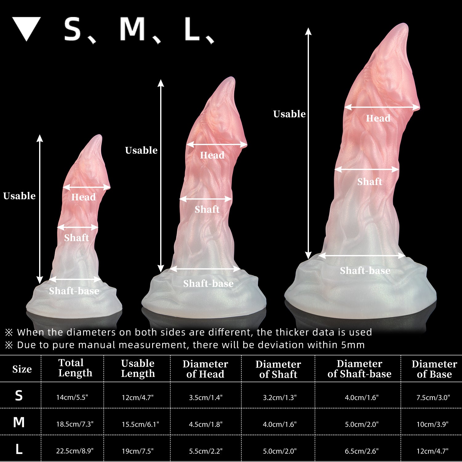 BYRNE custom dragon fantasy dildo with a sculpted ridged shaft and wide flared base - size guide