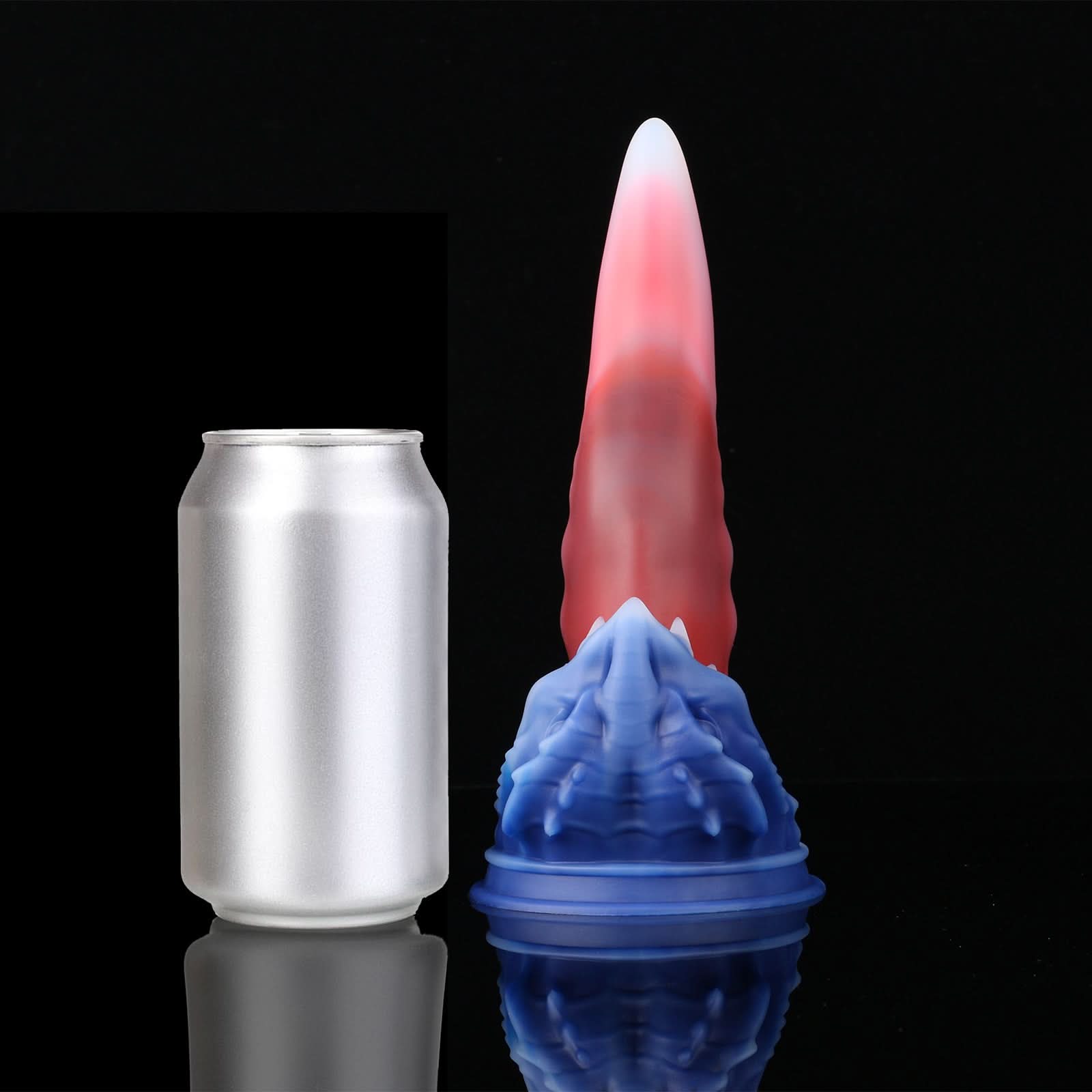 Ladon's Tongue custom dragon tongue fantasy dildo with a sculpted dragon-head base - blue and red colorway size comparison