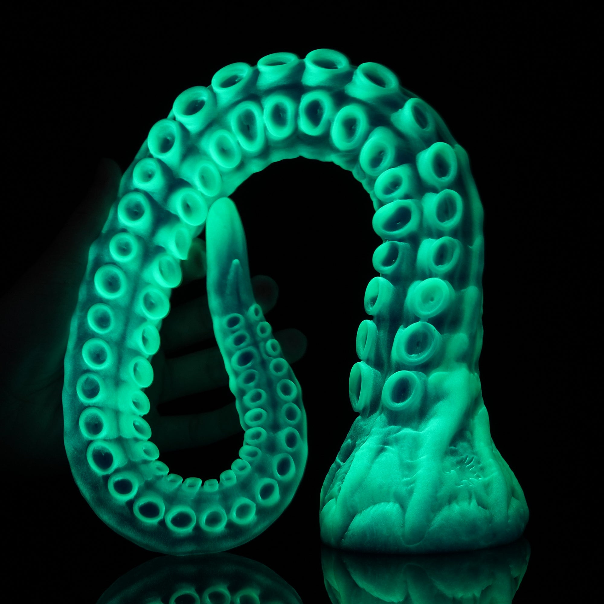 ALLA curved tentacle dildo with raised suction cups and sculpted flared base - green custom color coiled profile