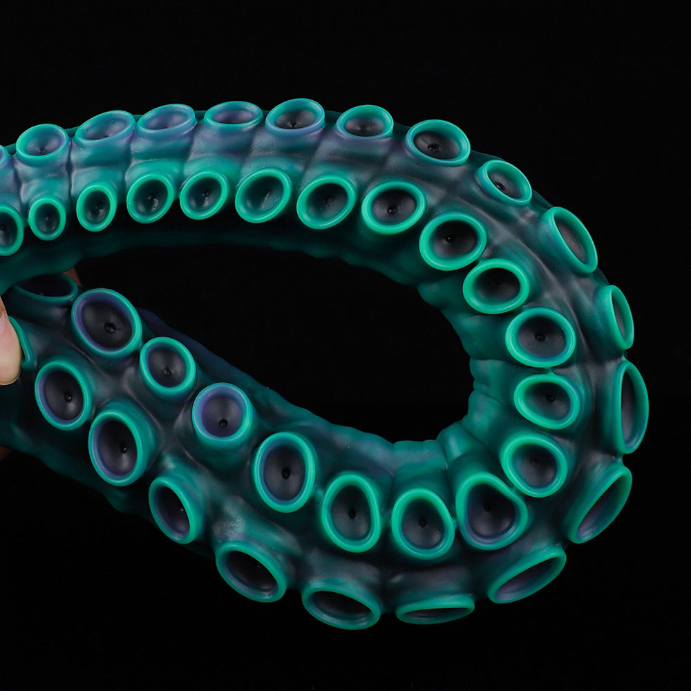 ALLA curved tentacle dildo with raised suction cups and sculpted flared base - green custom color texture detail