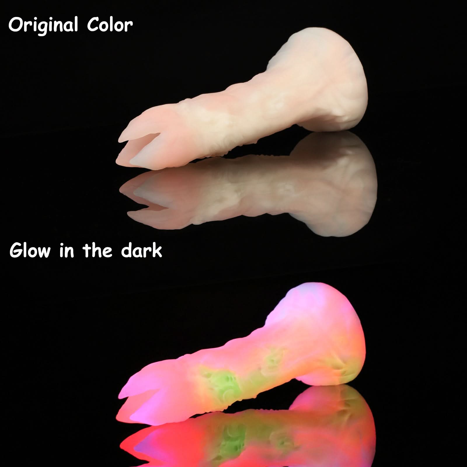 AUDREY II fantasy ovipositor dildo with a ridged hollow shaft, multi-petaled tip, and root-like suction base - glow-in-the-dark color view