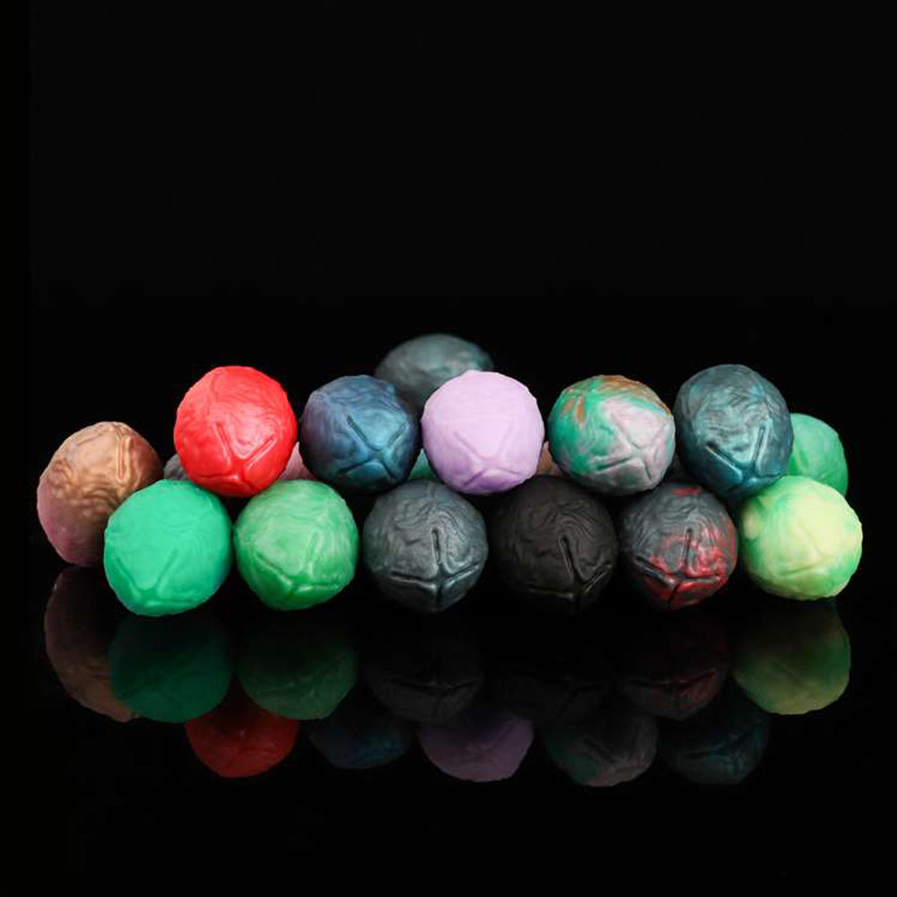 AUDREY II plus OGG fantasy ovipositor dildo with a ridged hollow shaft, OGG egg set, mold, and push rods - egg color assortment close-up