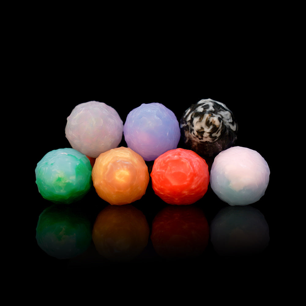 AUDREY II plus OGG fantasy ovipositor dildo with a ridged hollow shaft, OGG egg set, mold, and push rods - egg color assortment side view