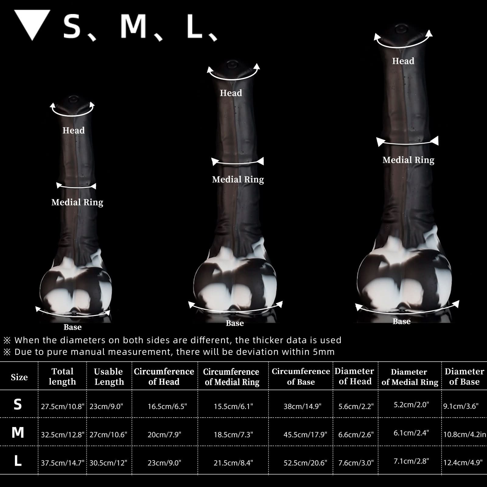 AVOYO fantasy horse dildo with a tapered textured shaft, sculpted base, and rounded balls - black and white custom color size chart