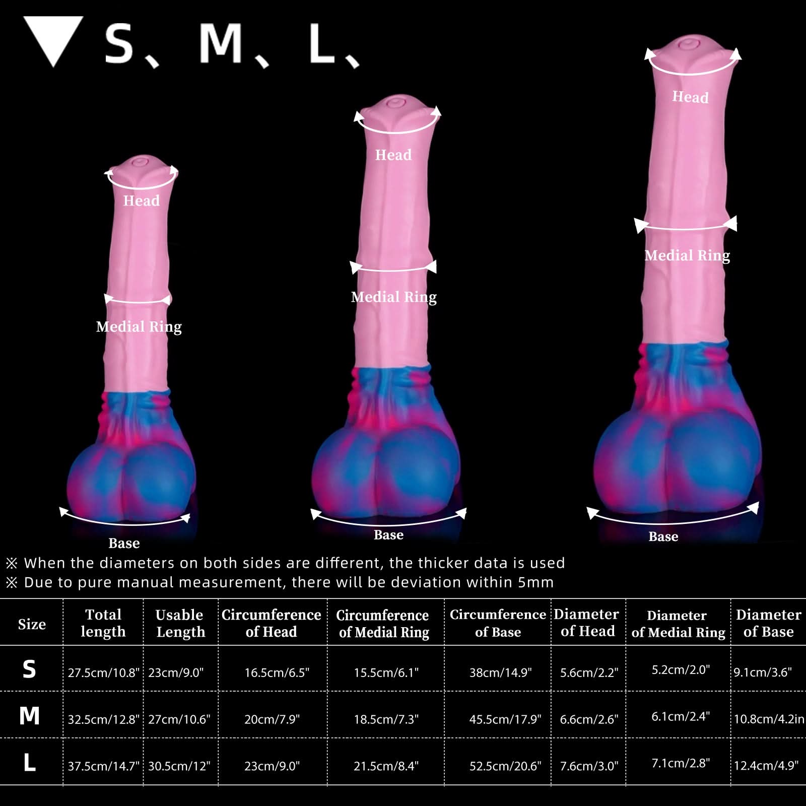 AVOYO fantasy horse dildo with a tapered textured shaft, sculpted base, and rounded balls - pink and blue custom color size chart