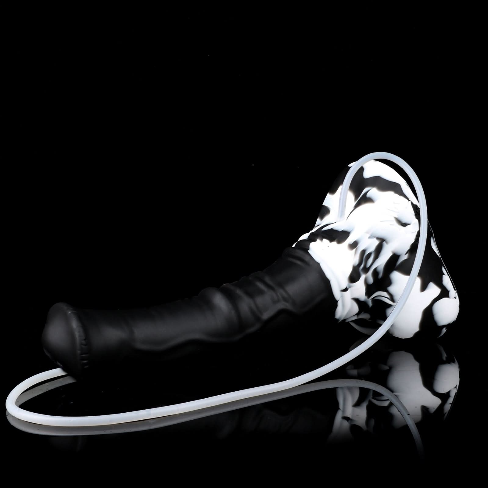 AVOYO plus tube fantasy horse ejaculating dildo with a tapered textured shaft, sculpted base, and built-in tube - black and white custom color side view with tube