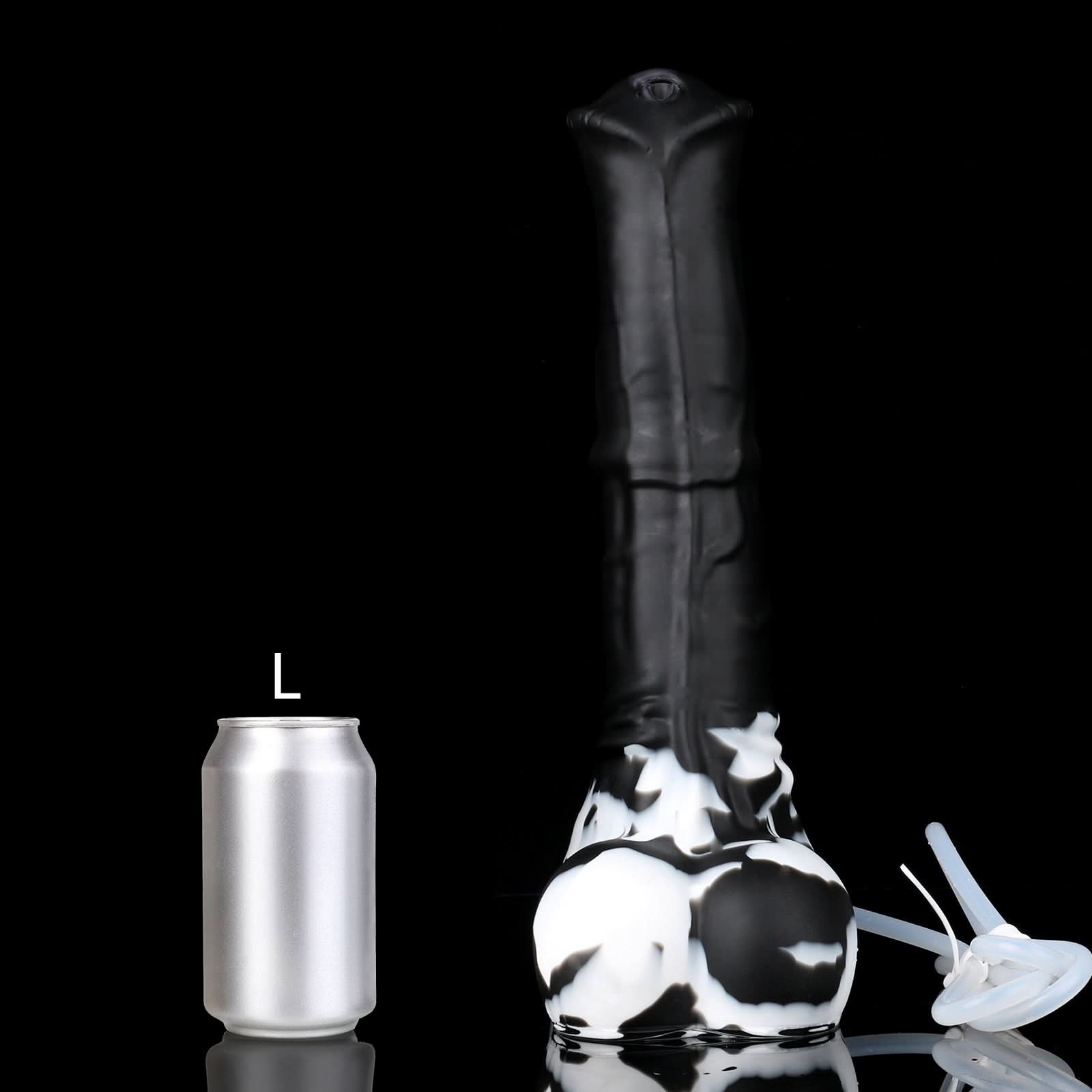 AVOYO plus tube fantasy horse ejaculating dildo with a tapered textured shaft, sculpted base, and built-in tube - black custom color L size guide with tube