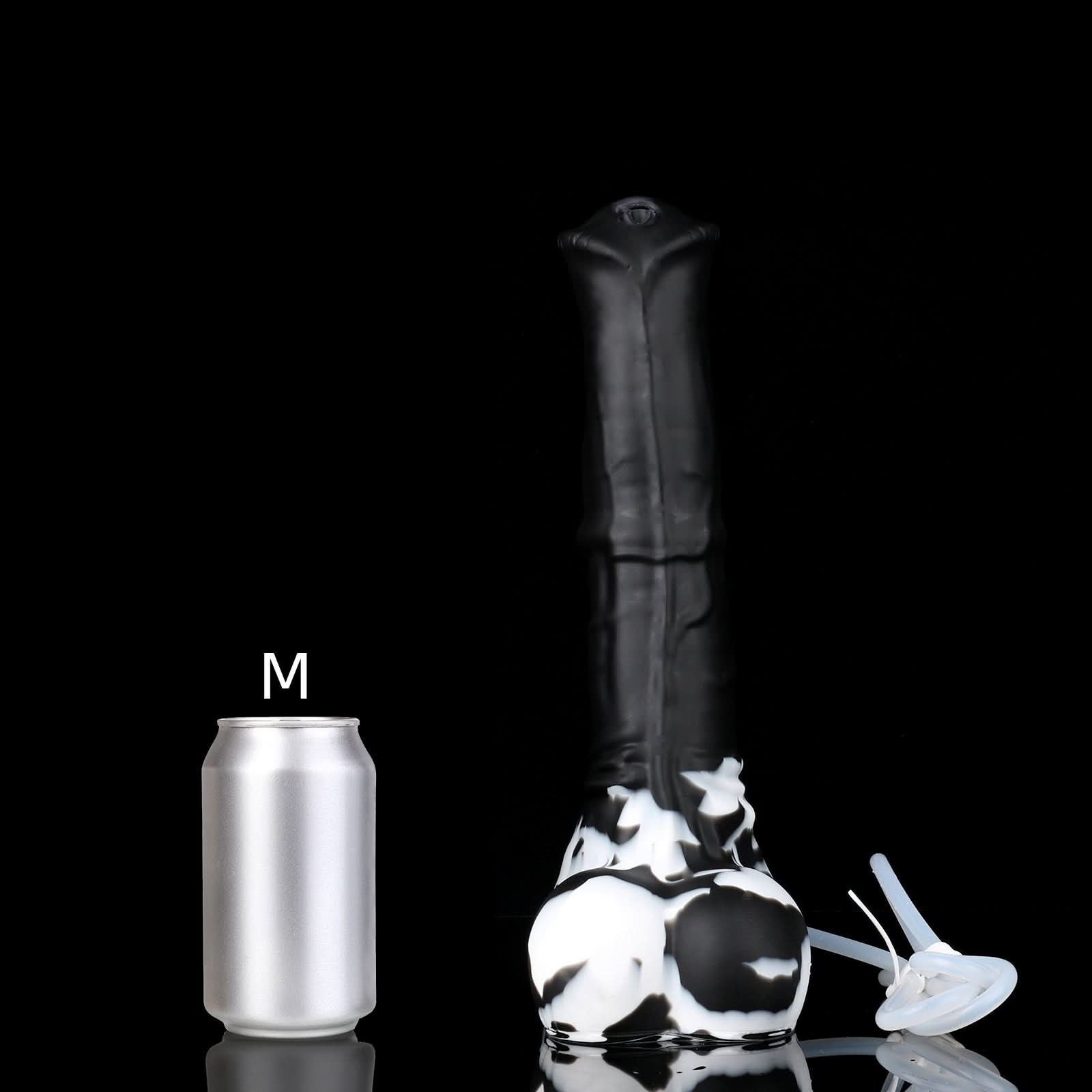 AVOYO plus tube fantasy horse ejaculating dildo with a tapered textured shaft, sculpted base, and built-in tube - black custom color M size guide with tube