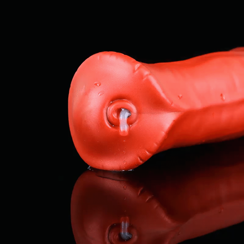 AVOYO plus tube fantasy horse ejaculating dildo with a tapered textured shaft, sculpted base, and built-in tube - tube outlet detail