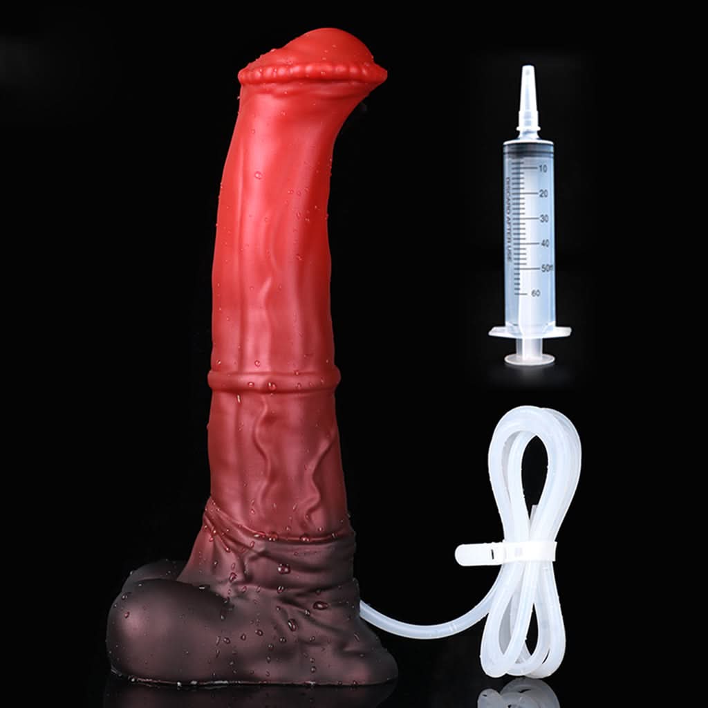 CONOLA plus tube fantasy horse ejaculating dildo with a broad flared head, veined shaft, and built-in tube - front view with tube accessories