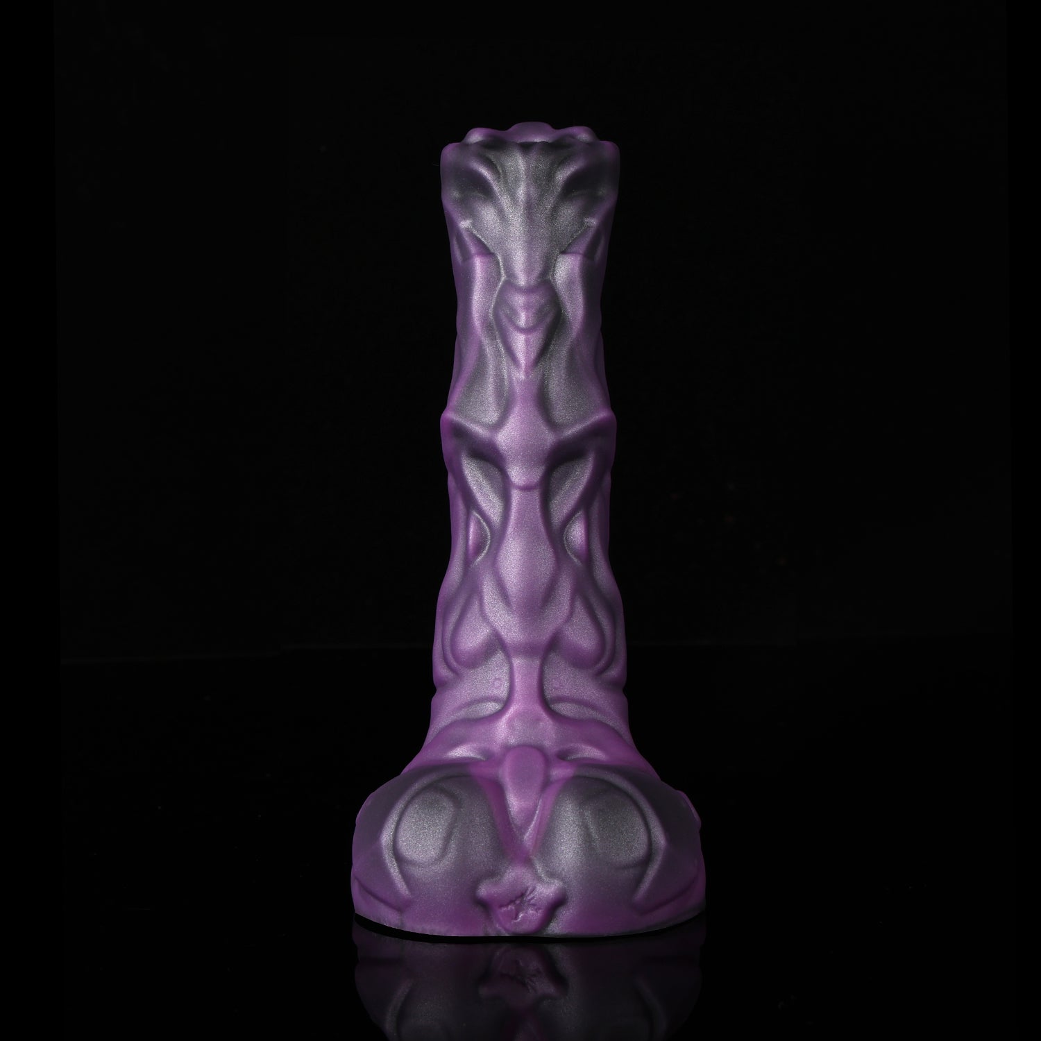 FIGURE fantasy horse dildo with a textured biomechanical shaft, sculpted head, and rounded balls - purple custom color front view