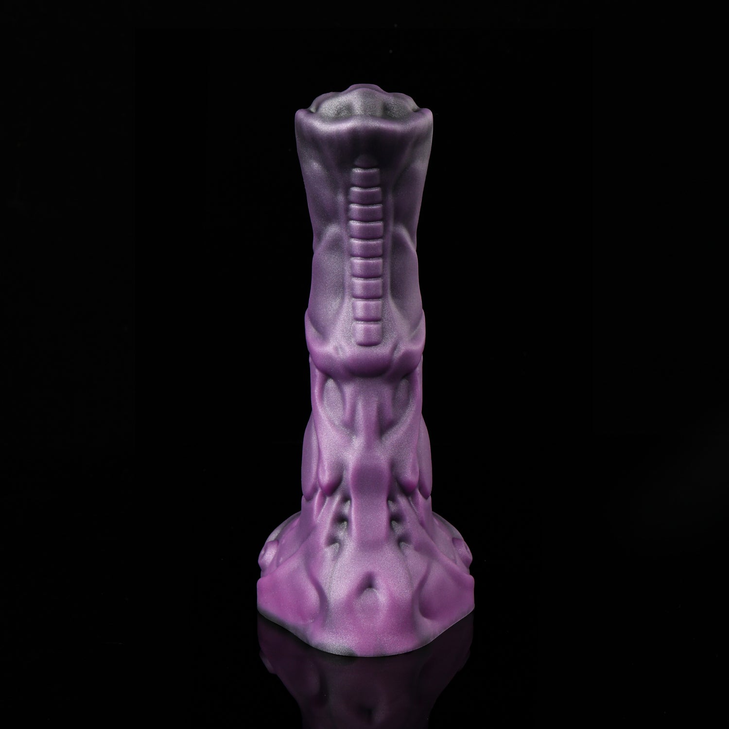 FIGURE fantasy horse dildo with a textured biomechanical shaft, sculpted head, and rounded balls - purple custom color rear view