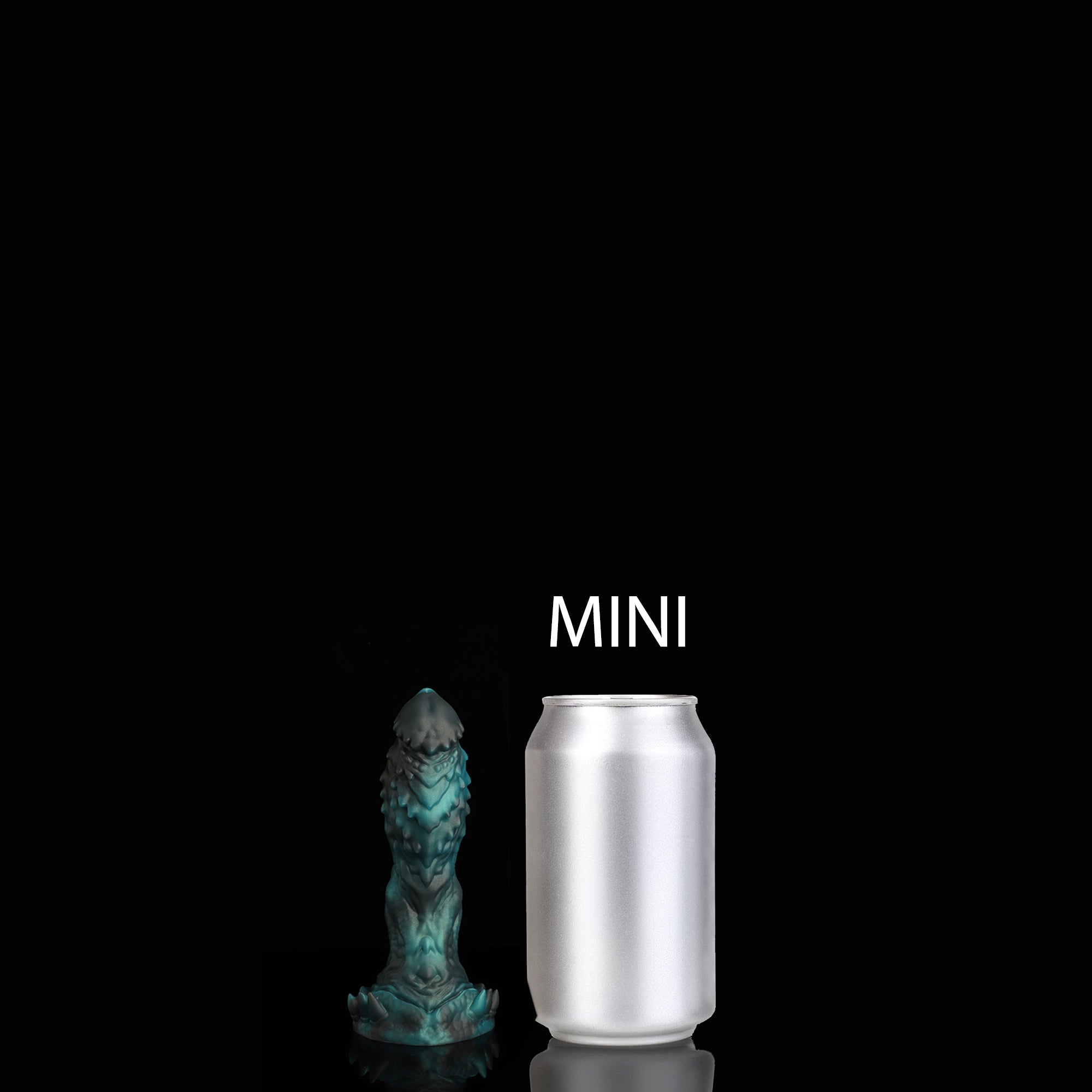 OPALEYE II custom dragon fantasy dildo with layered scale texture and a sculpted base - green colorway Mini size comparison