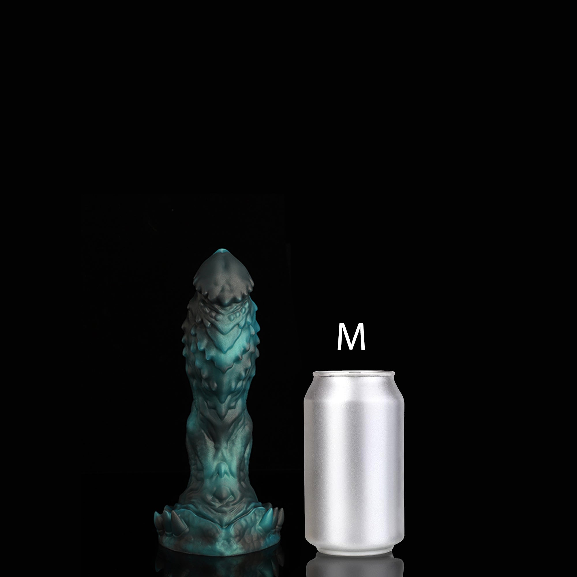 OPALEYE II custom dragon fantasy dildo with layered scale texture and a sculpted base - green colorway M size comparison
