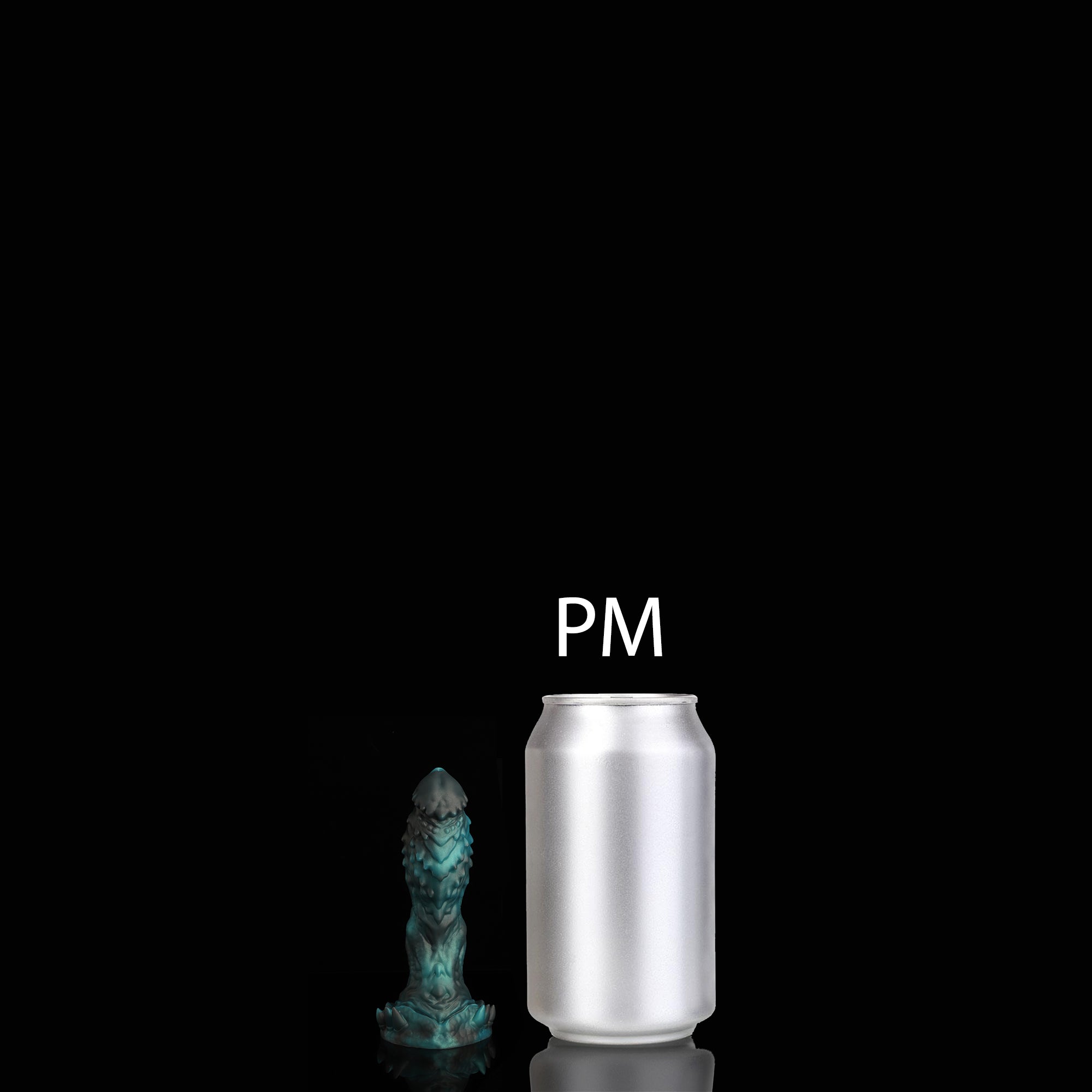 OPALEYE II custom dragon fantasy dildo with layered scale texture and a sculpted base - green colorway PM size comparison