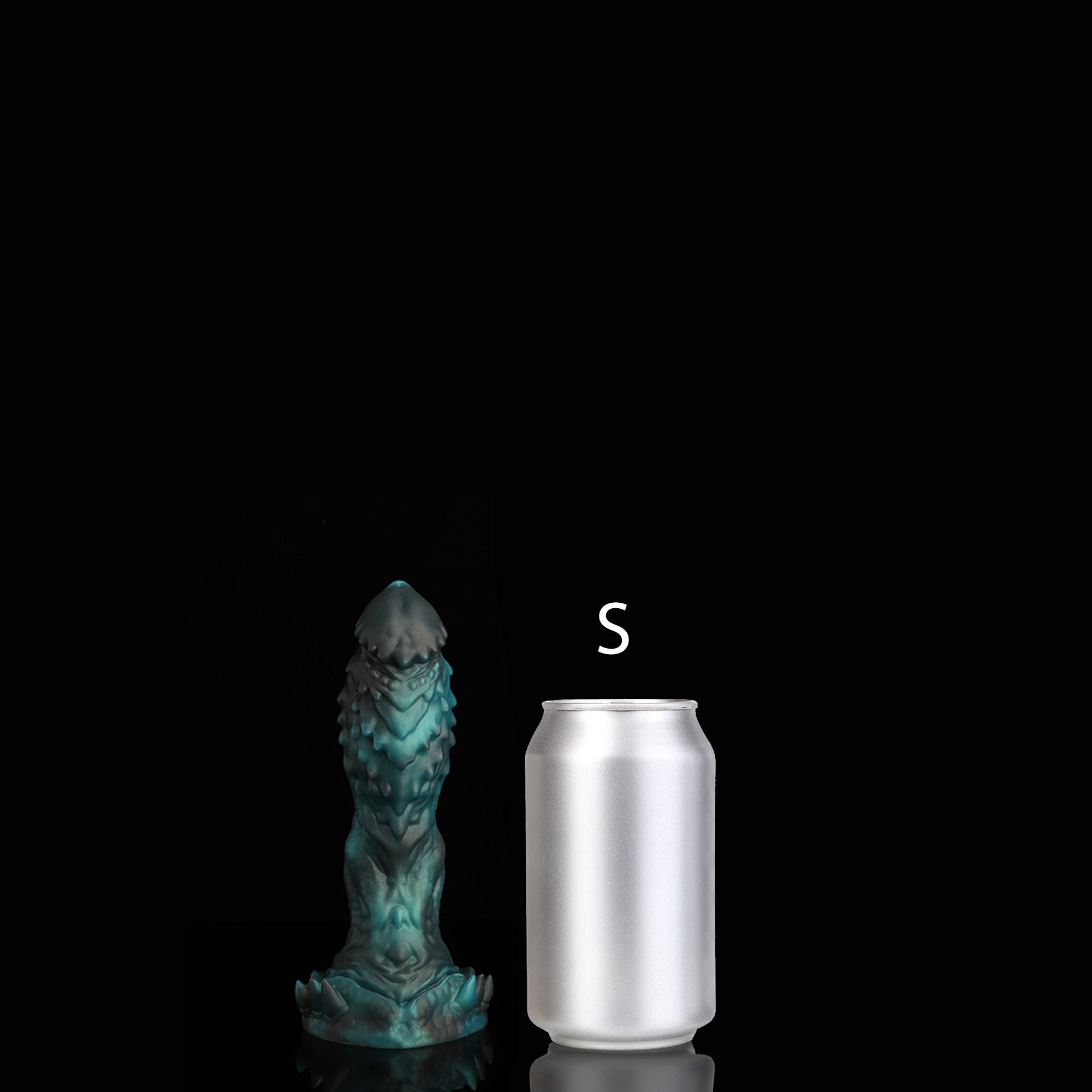 OPALEYE II custom dragon fantasy dildo with layered scale texture and a sculpted base - green colorway S size comparison