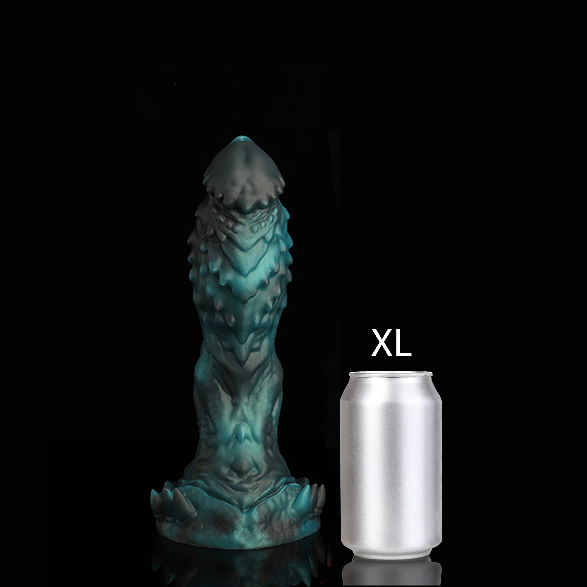 OPALEYE II custom dragon fantasy dildo with layered scale texture and a sculpted base - green colorway XL size comparison