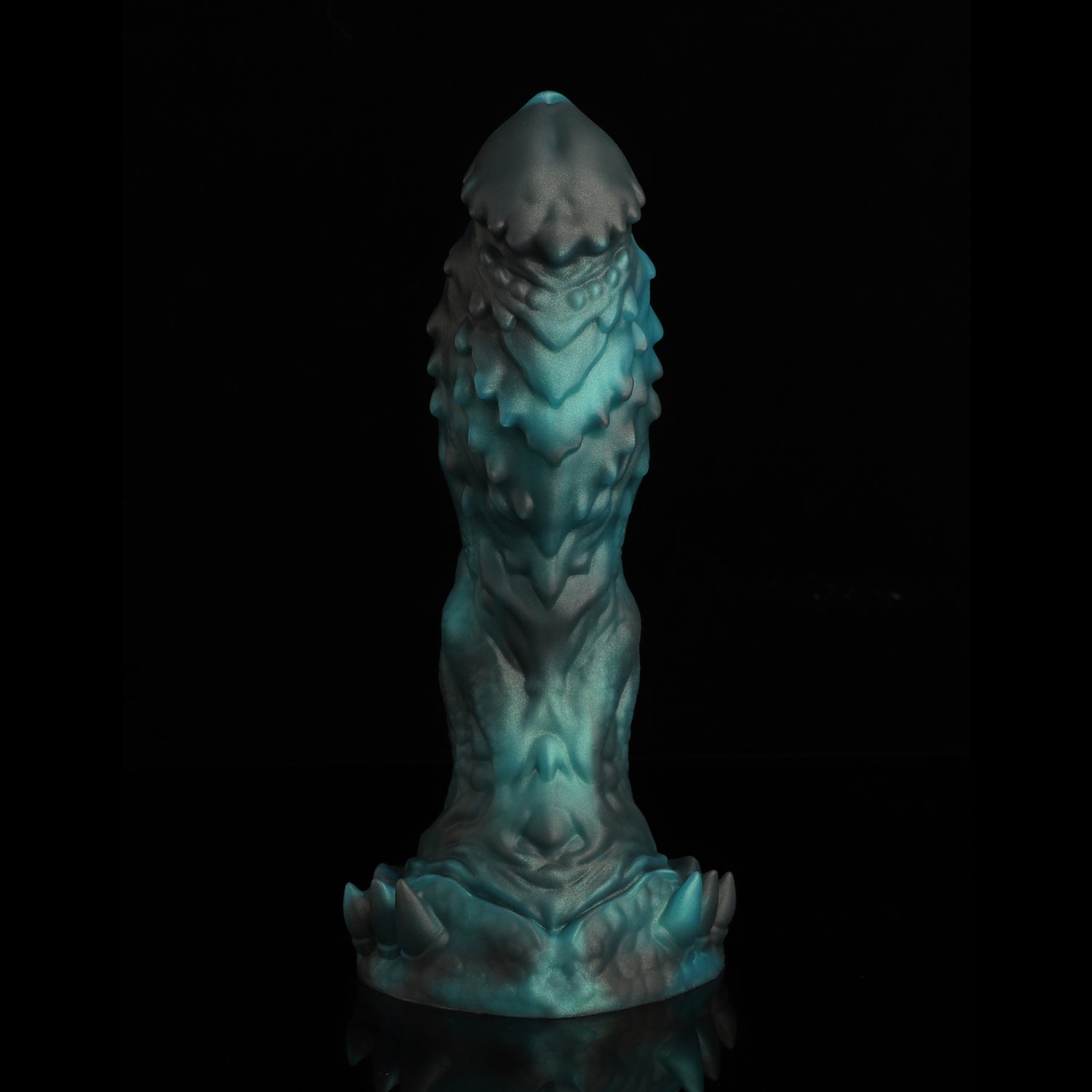 OPALEYE II custom dragon fantasy dildo with layered scale texture and a sculpted base - green colorway front view