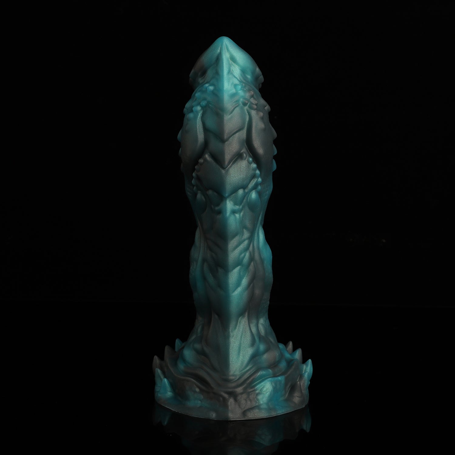 OPALEYE II custom dragon fantasy dildo with layered scale texture and a sculpted base - green colorway side view