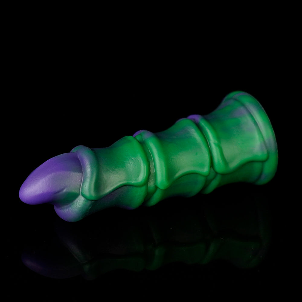 WAT'S FINGER COTS fantasy finger sleeves with sculpted creature-inspired texture - green and purple side view